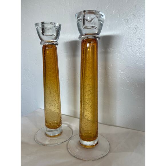 Vintage Amber Art Glass Candlesticks – Tall Bubble Glass Pair- Mid Century Style - Picture 6 of 9